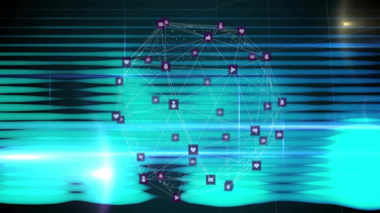 Interconnected digital cluster animating data flow over teal blue gradient with square icons