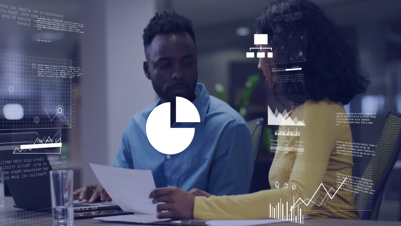 Animation of data processing and diagrams over diverse colleagues discussing work