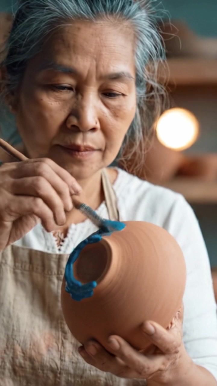 Artesanato Artesanal: Um Artista Pintando Habilidosamente uma Tigela de Argila com Cor Azul em um Cenário Sereno de Estúdio de Cerâmica Enfatizando a Expressão Criativa e a Tradição