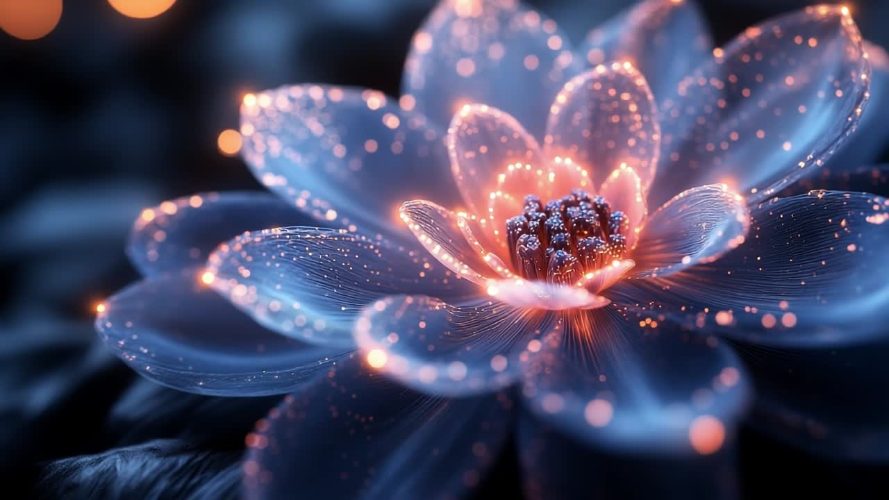 Vibrant glowing flower. A detailed flower blooms with shimmering petals, illuminated with bright lights against a dark background.