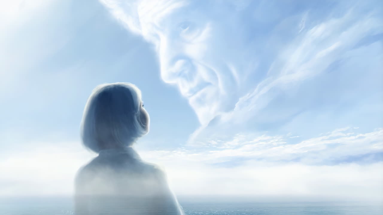 Ethereal Contemplation: Figure Gazing at Cloud Face over Ocean