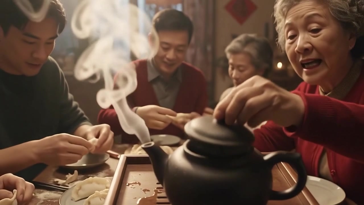 Family Making Dumplings Together with Steaming Tea Pot