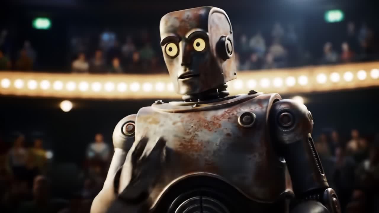 An expressive robot stands before a captivated audience in a theatrical setting, showcasing advanced animations and engaging storytelling through its design and performance