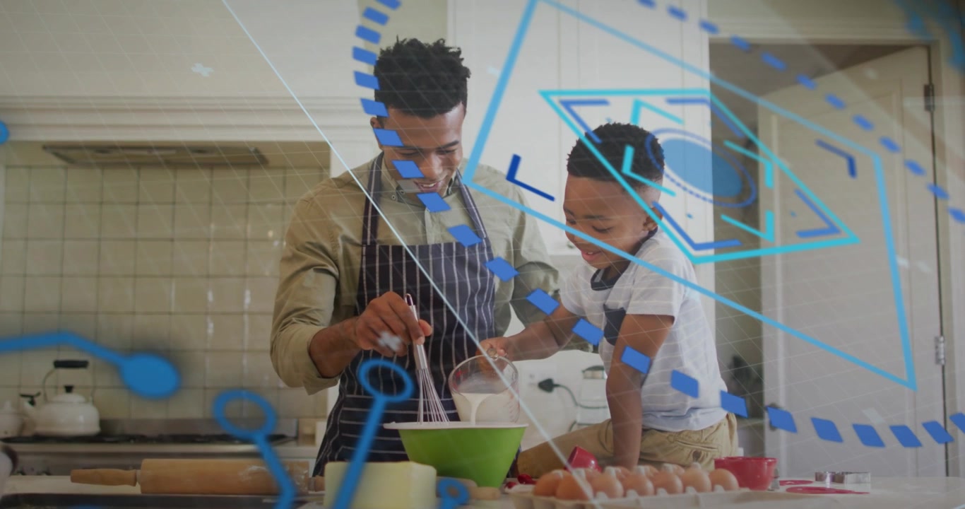 Father and son positioning green mixing bowl, pouring milk and whisking batter for cooking tutorial