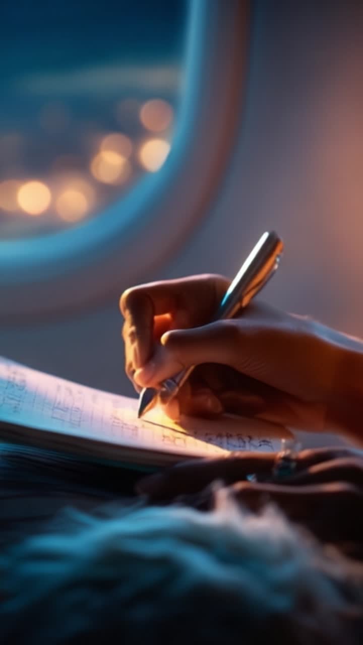 Un momento sereno catturato durante un volo: scrivere in un quaderno con una splendida vista fuori dal finestrino illuminata dalle luci della città.
