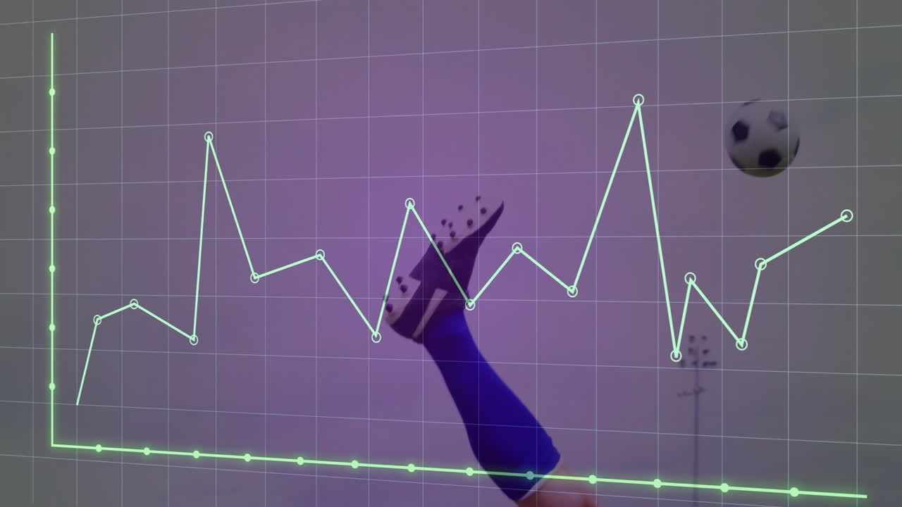 Graph line animation over soccer player kicking ball in dynamic action