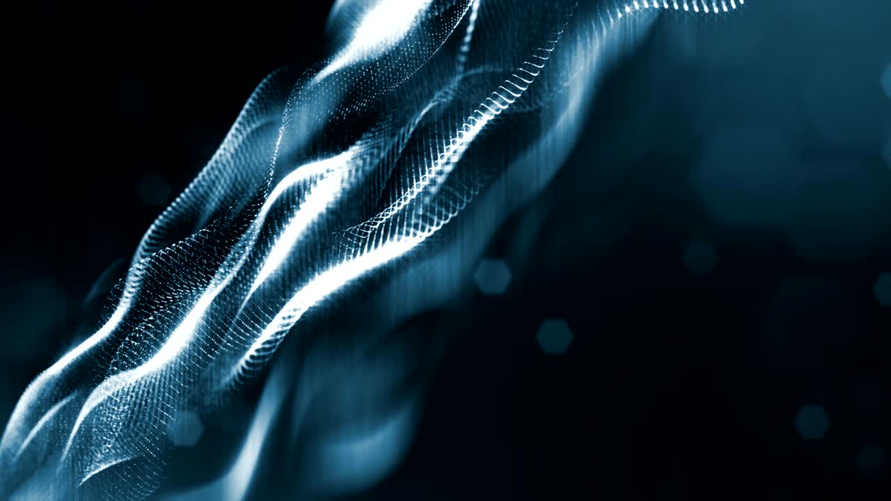 3d loop animation as science fiction background of glowing particles with depth of field and bokeh for vj loop. Particles form line and surface grid. V1 black