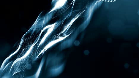 3d loop animation as science fiction background of glowing particles with depth of field and bokeh for vj loop. particles form line and surface grid. v1 black