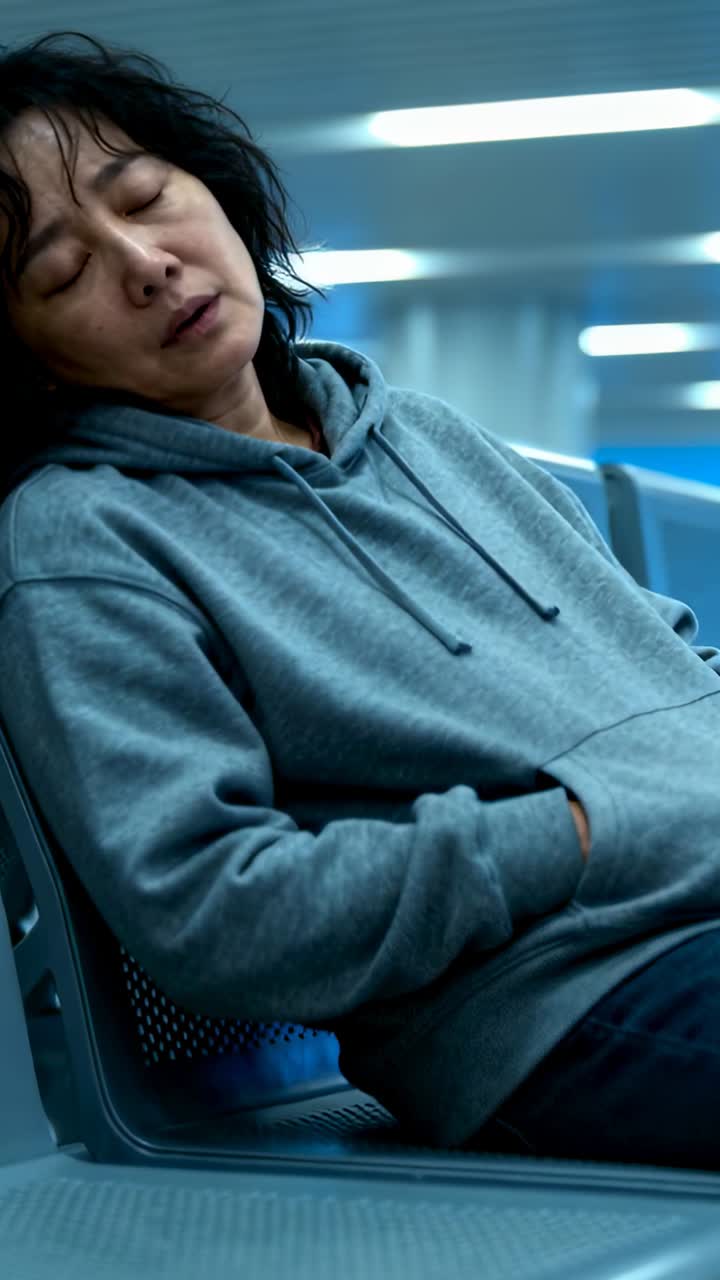 Woman resting on metal seats at travel gate, breathing causing shifts, animated pulse showing rest