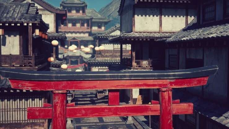 Architettura giapponese con un torii e lanterne