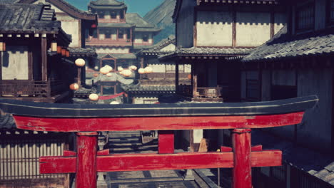 japanese architecture with a torii gate and lanterns