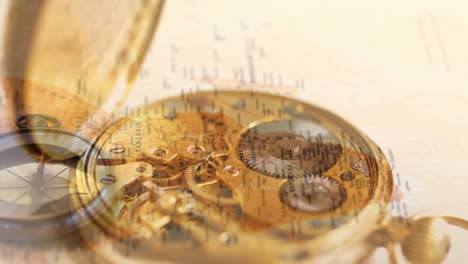 mechanism of a pocket watch ticking and world map