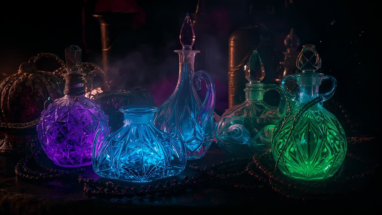 Pulsing glow lighting four glass decanters in alchemy lab hazy smoke drifting for potion crafting