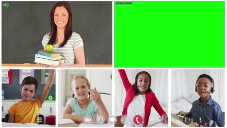 animation of six screens of diverse children, teacher and green screen during online school lesson
