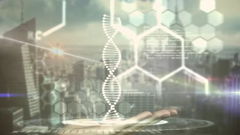 animation of chemical and dna structure spinning over a hand against aerial view of cityscape