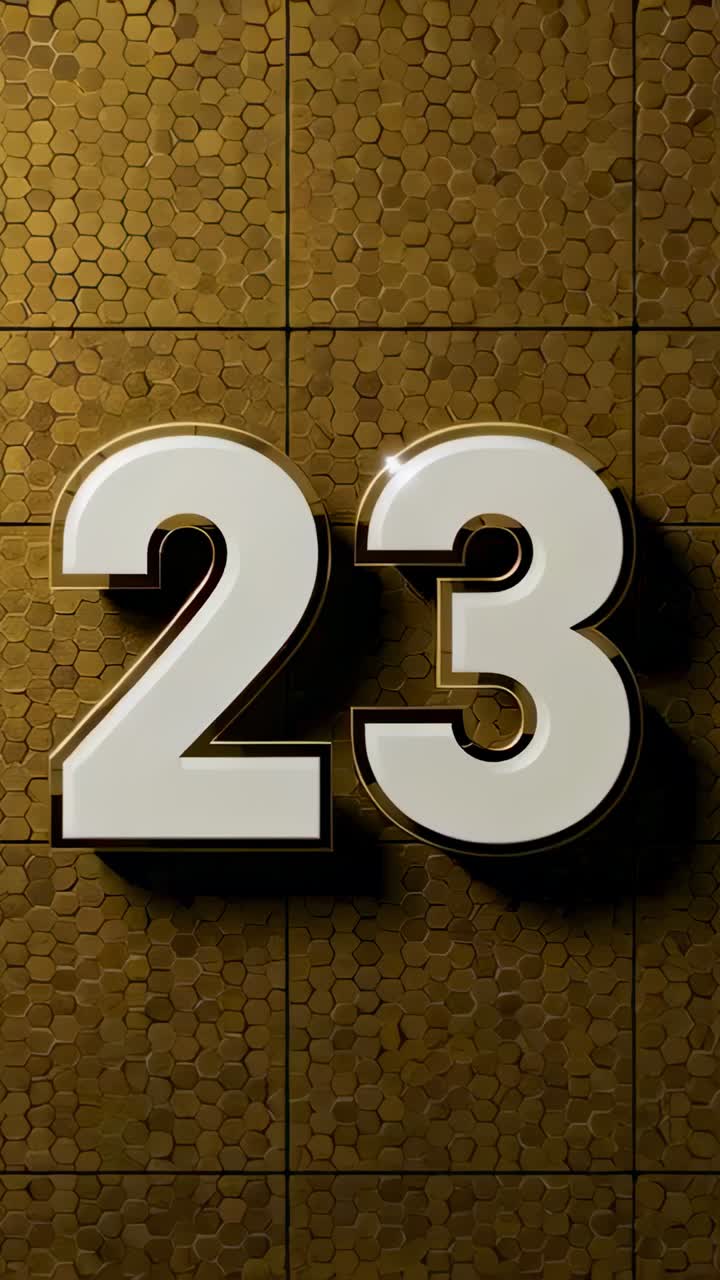Video verticale: telecamera con zoom che rivela rendering in 3D "23" su parete esagonale dorata per rivelare, con lucentezza brillante