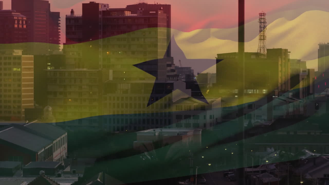 Animation of Ghana flag overlaying cityscape at sunset with buildings and skyline