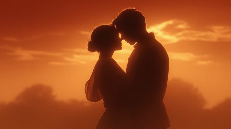 Un tenero abbraccio: una coppia di silhouette sullo sfondo di un tramonto mozzafiato che cattura l'essenza dell'amore e della connessione in un momento di puro romanticismo