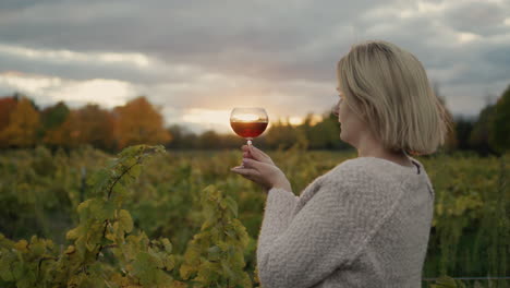 side view: a woman holds a glass of red wine in her hand, stands against the background of a vineyard where the sun sets epically