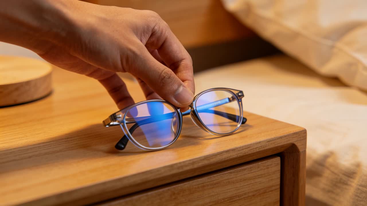Video vertical: Mano cogiendo gafas de la mesa, girando las lentes con un tinte azul animado para la visión.