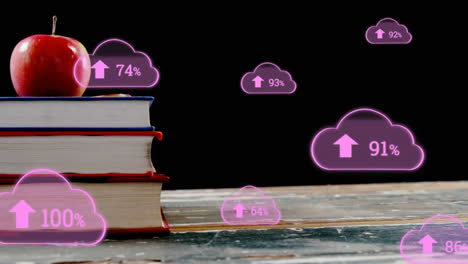 animation of a pile of books over purple clouds in the foreground