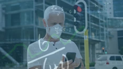 Animation-of-data-processing-over-caucasian-man-in-face-mask-using-smartphone