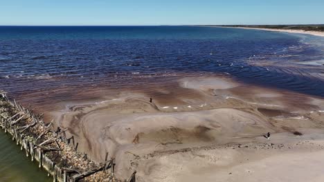 la gente está caminando frente a los restos del puente que una vez estuvo con pilas de piedra y madera sobre el mar báltico