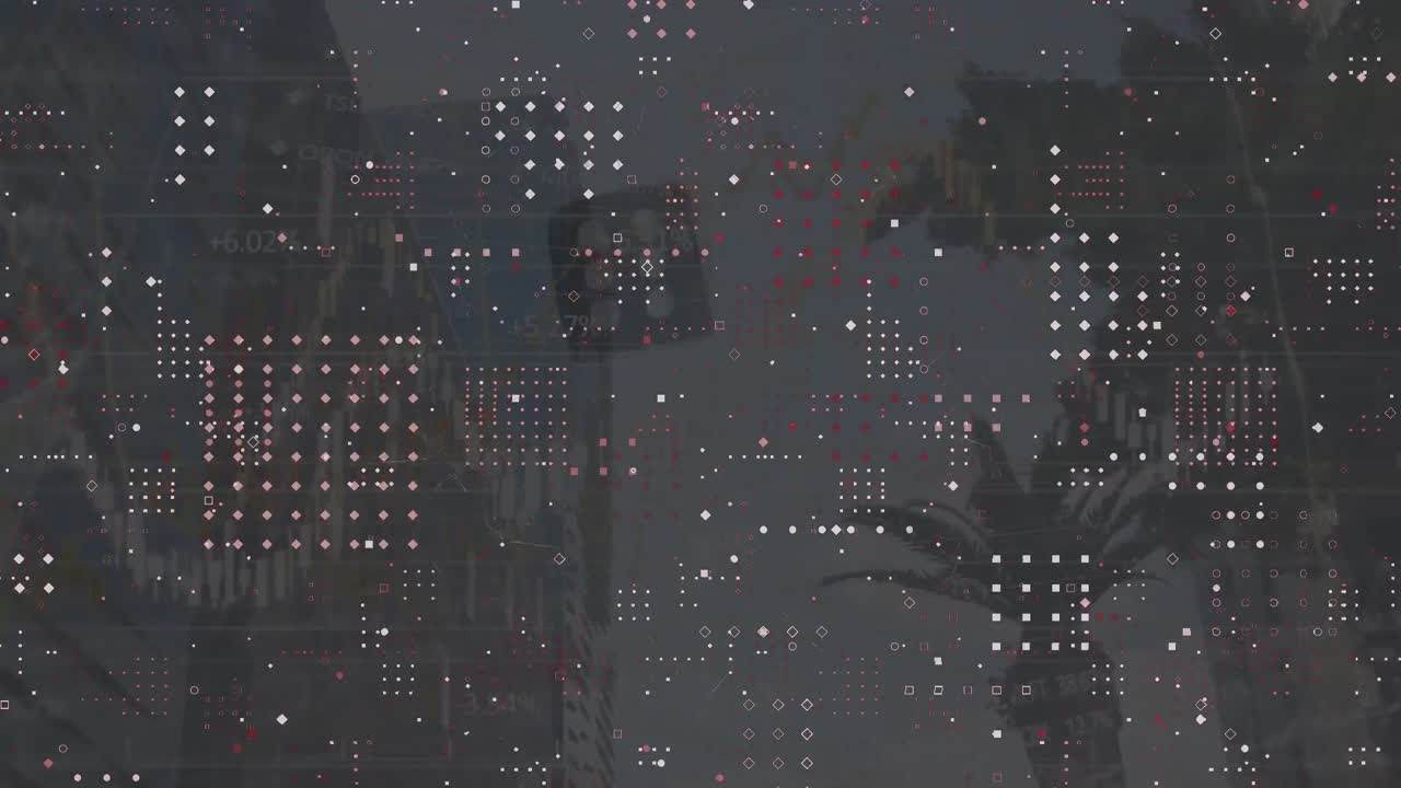 animación del patrón de puntos sobre el procesamiento de datos financieros contra dados rebotantes y edificios altos