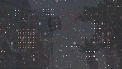 Animation-of-dots-pattern-over-financial-data-processing-against-bouncing-dice-and-tall-buildings