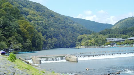 Beautiful-scenery-of-the-river-and-mountains-in-Kyoto,-Japan-soft-lighting-slow-motion-4K