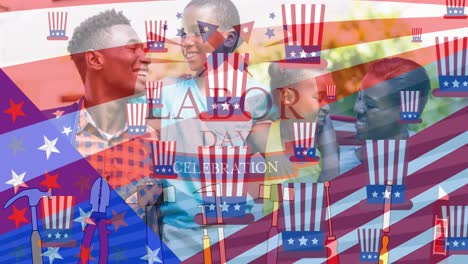 animation of usa flag, hats and labor day over happy african american family smiling at camera