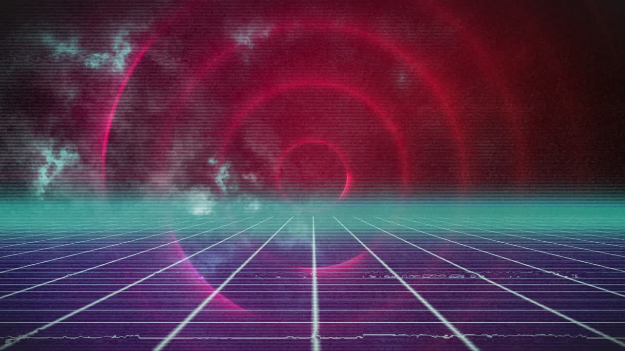 animación de círculos brillantes en fondo rojo y púrpura