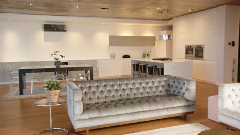 modern living room with stylish furniture and open kitchen in contemporary home
