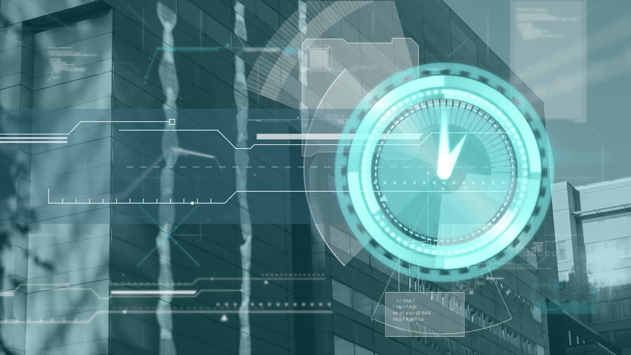 Video of data processing and clock over cityscape