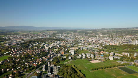 Flight-Over-Chavannes-Près-Renens-Town-In-The-Canton-Of-Vaud,-Switzerland