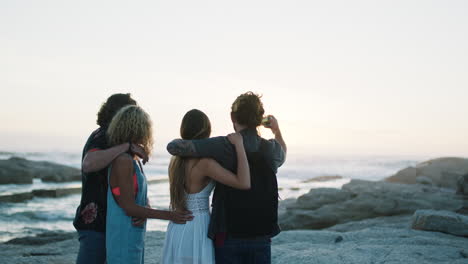 phone, friends and selfie at beach for sunset