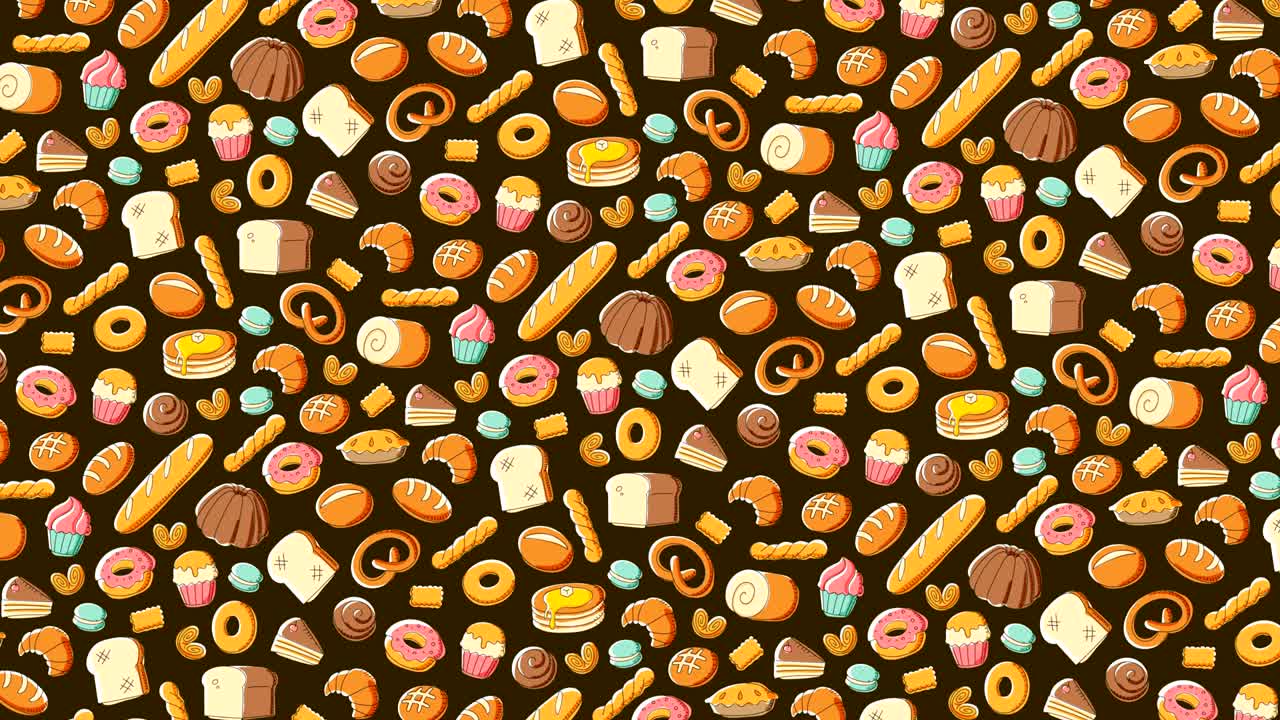 panadería en movimiento patrón giratorio fondo dibujos animados dibujo a mano ilustración aislada en fondo marrón animación de bucle sin costuras 4k