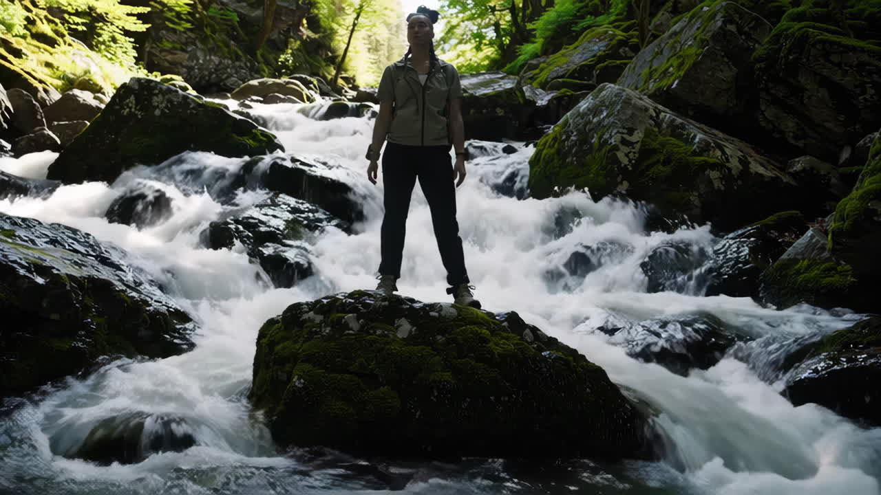 Woman Hiking in a Mountain Stream