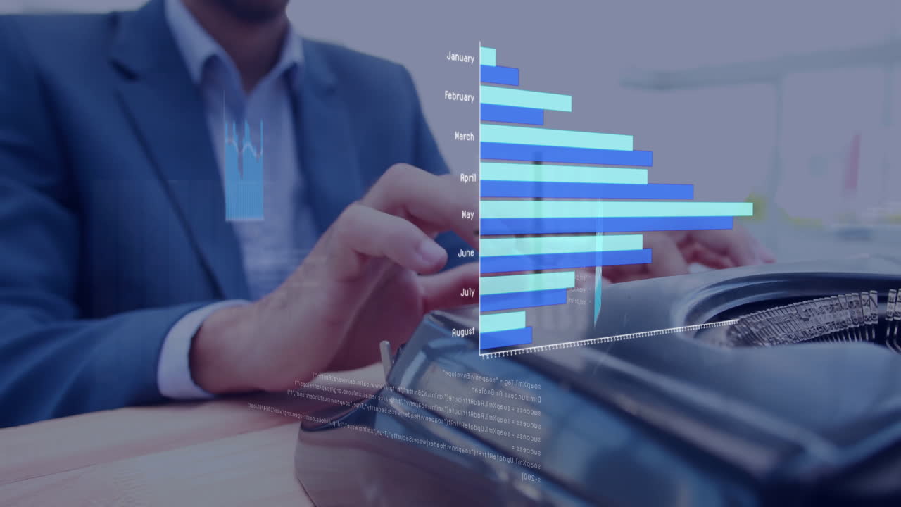 Typing financial data, business professional in office with animation graphs overlay