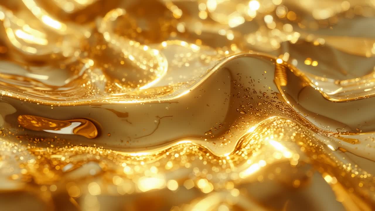 Shot opening revealing golden fluid surface undulating in abstract scene, with glittering particles