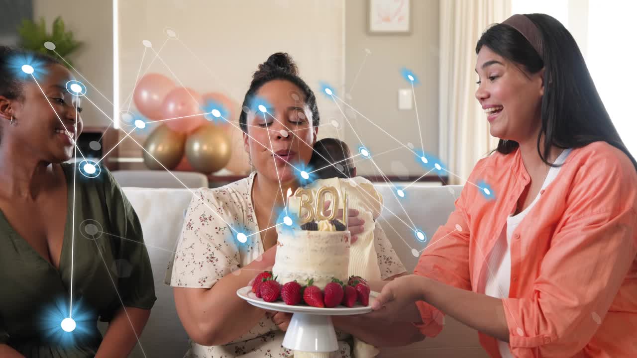 Woman presenting cake triggers celebrant blowing gold 30 candle for birthday, tech overlay growing