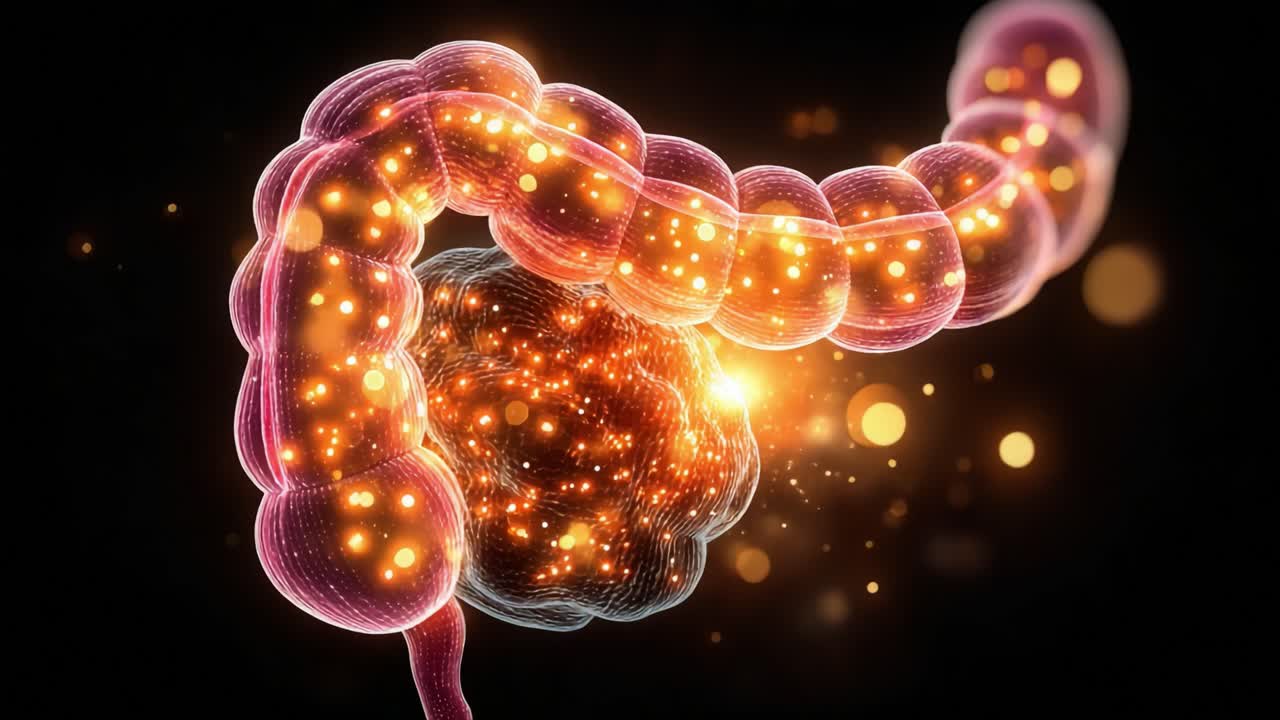 Eine visuelle Darstellung des menschlichen Darms, die zelluläre Strukturen und bioelektrische Aktivität hervorhebt und die Wechselwirkung zwischen Darmflora und menschlicher Gesundheit betont.