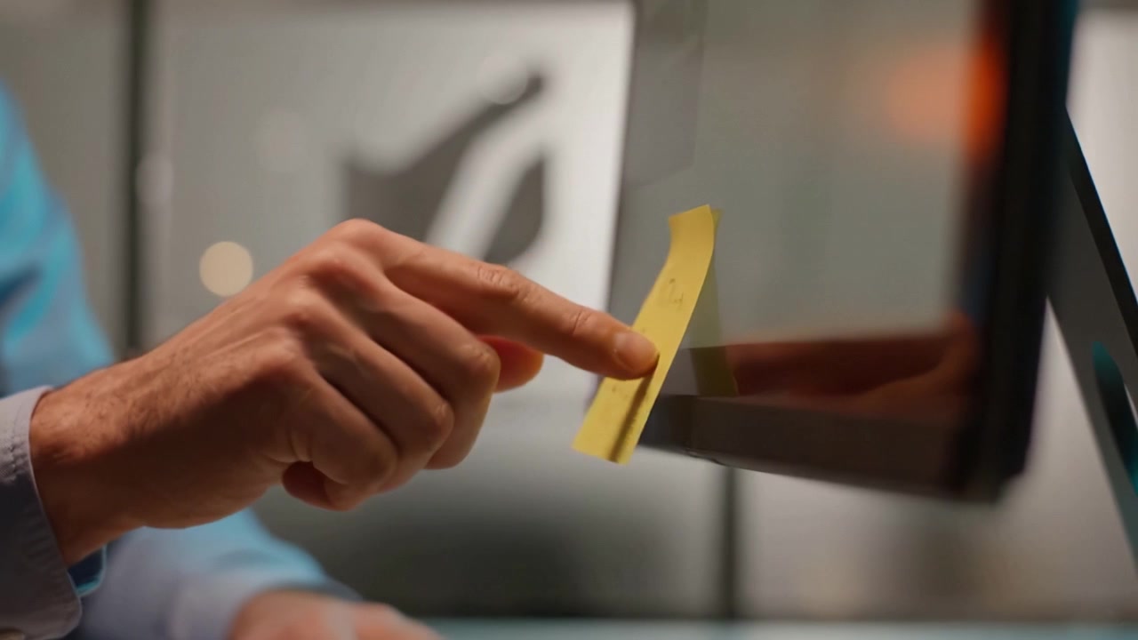 Close-Up of a Hand Placing a Yellow Sticky Note on a Computer Monitor, Highlighting the Interaction Between Technology and Physical Reminders
