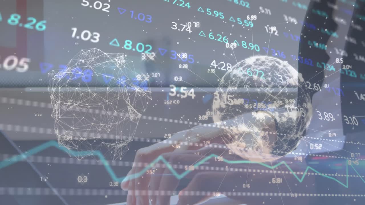 기차에서 노트북을 사용하는 사업가 중간 섹션에서 주식 시장 데이터 처리의 애니메이션