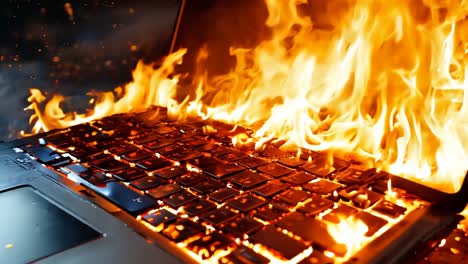una computadora portátil en llamas con un fondo negro