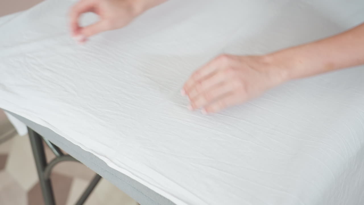 Closeup of light skin woman laying smooth white sheet on massage table with metal stand, using both hands to gently spread fabric while preparing clean surface in calm indoor spa setting