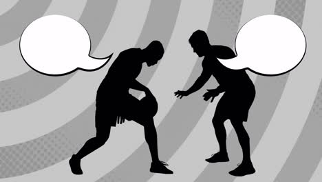 animation of silhouettes of male players with speech bubbles over gray shapes moving