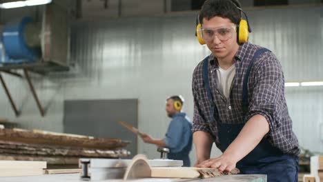 carpenter sawing plywood in workshop