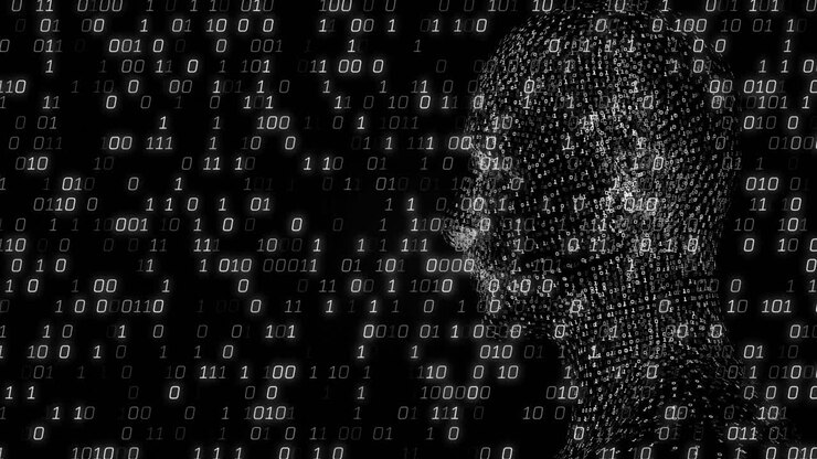 Animation of binary coding and data processing over human head