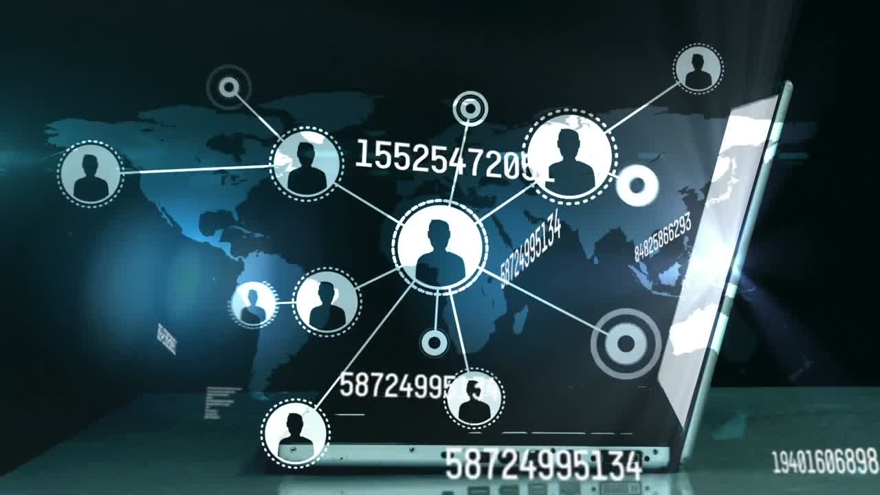 노트북을 사용하는 코카시안 사업가에 대한 데이터 처리 및 아이콘의 애니메이션